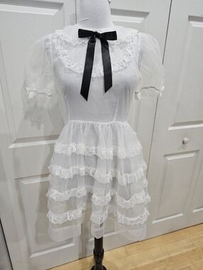 Dolls Kill Widow Goth Sheer White Lace Lolita Elegant Frills Babydoll Dress XS S